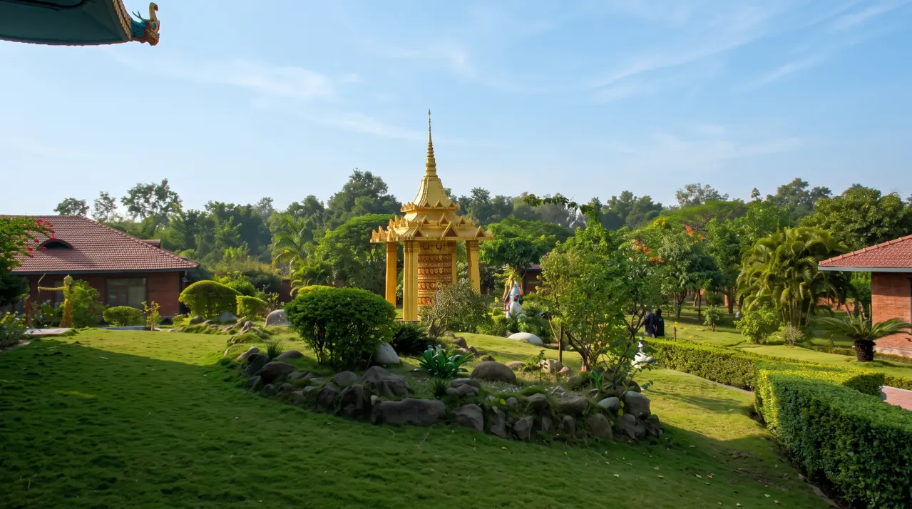 Grüne Gärten und Tempel im Lumbini-Park